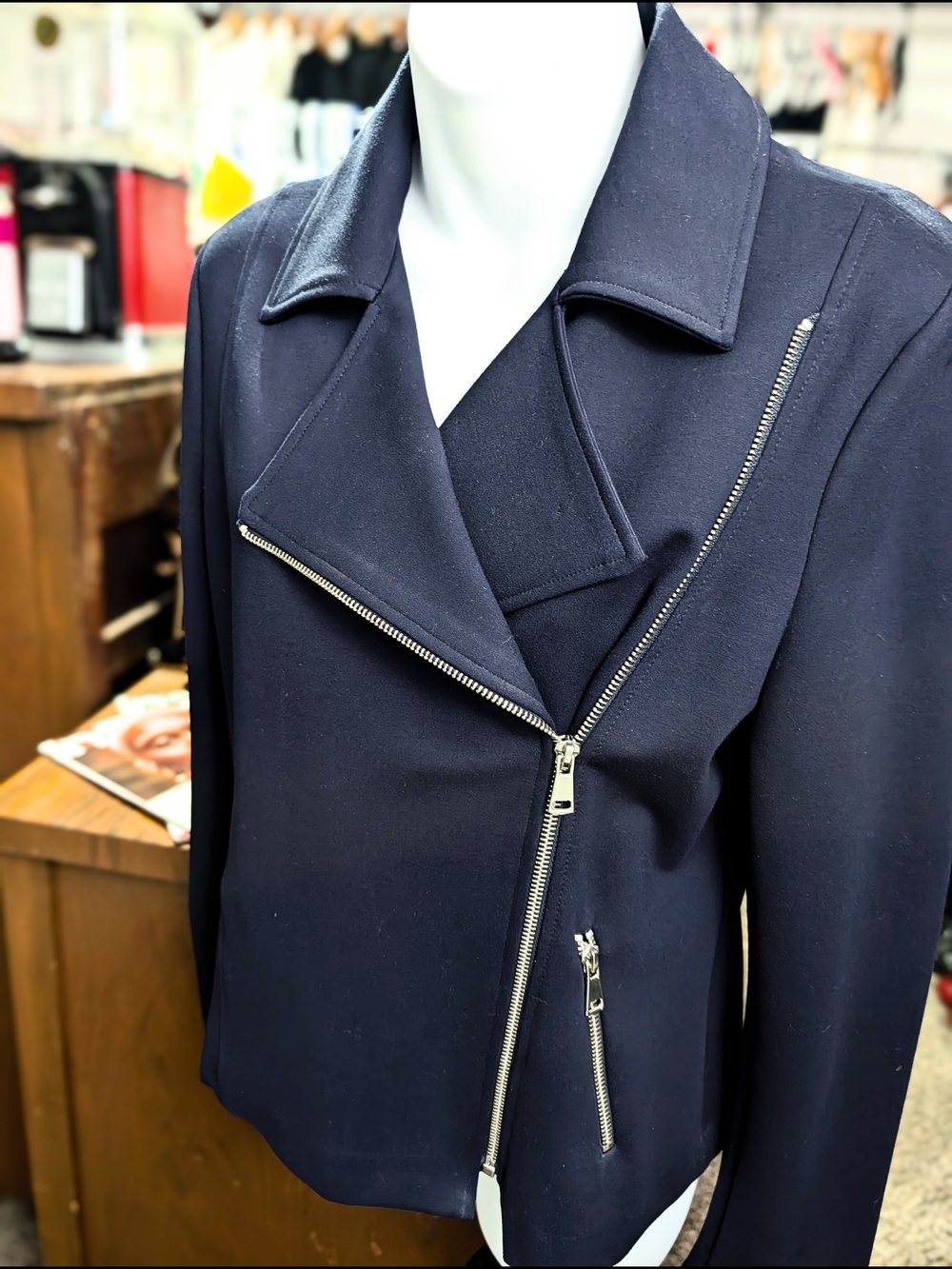 Brandon Thomas Navy Asymmetrical Zip Moto Blazer